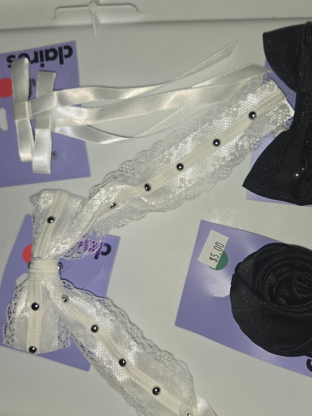 White Lace Ribbon Hair Bow with Bead Accents